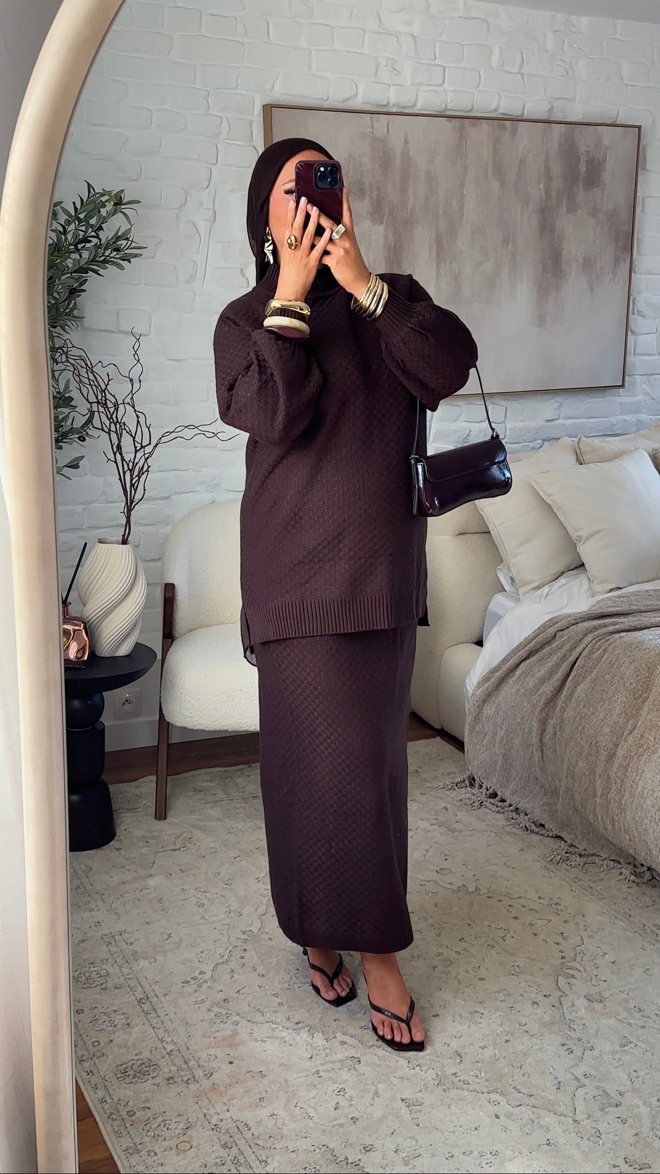 Ensemble comfy en maille à jupe longue et col montant | Marron