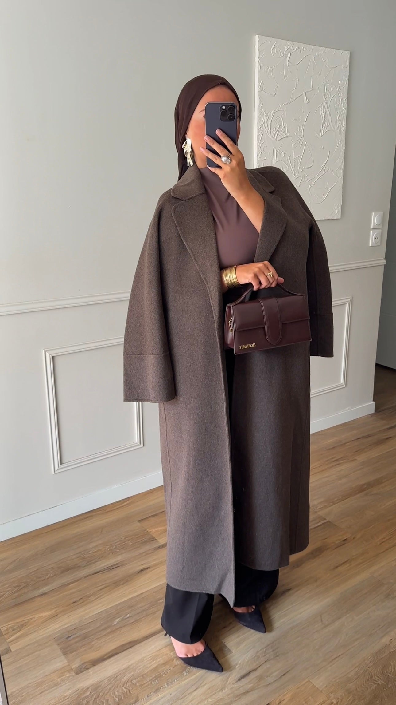 [GAMME LUXE] Manteau long en laine véritable fait main à ceinture | Marron
