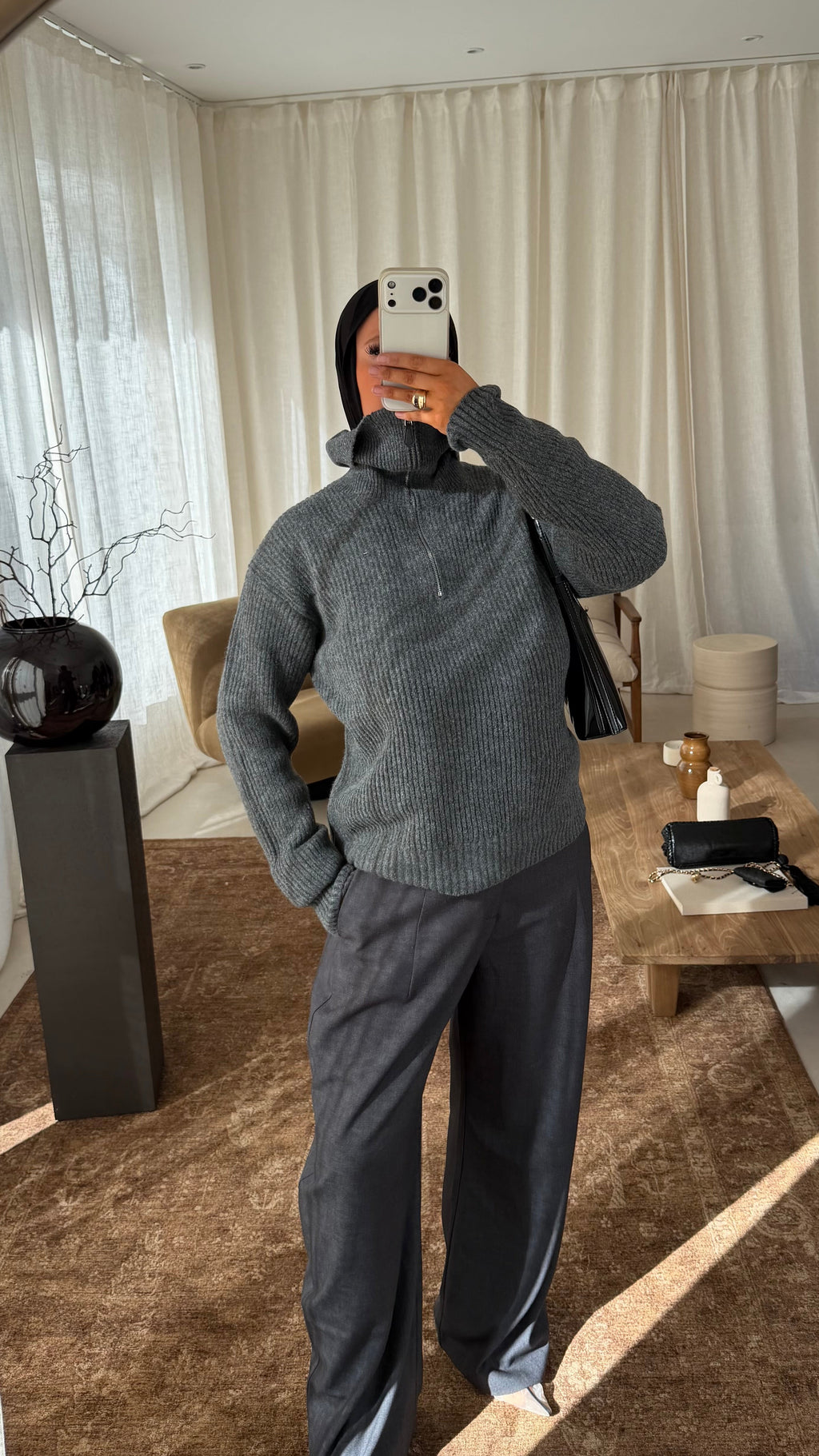 Pull mi long à col montant et fermeture NELLA | Gris foncé