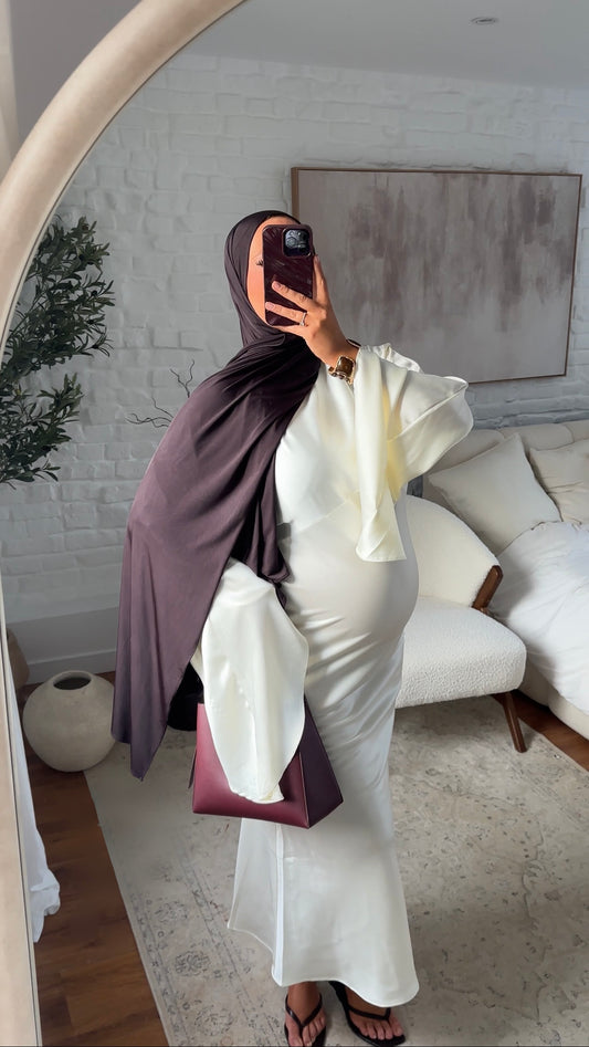 Robe longue satinée à manches évasées MINEL Blanc | Pré-commande
