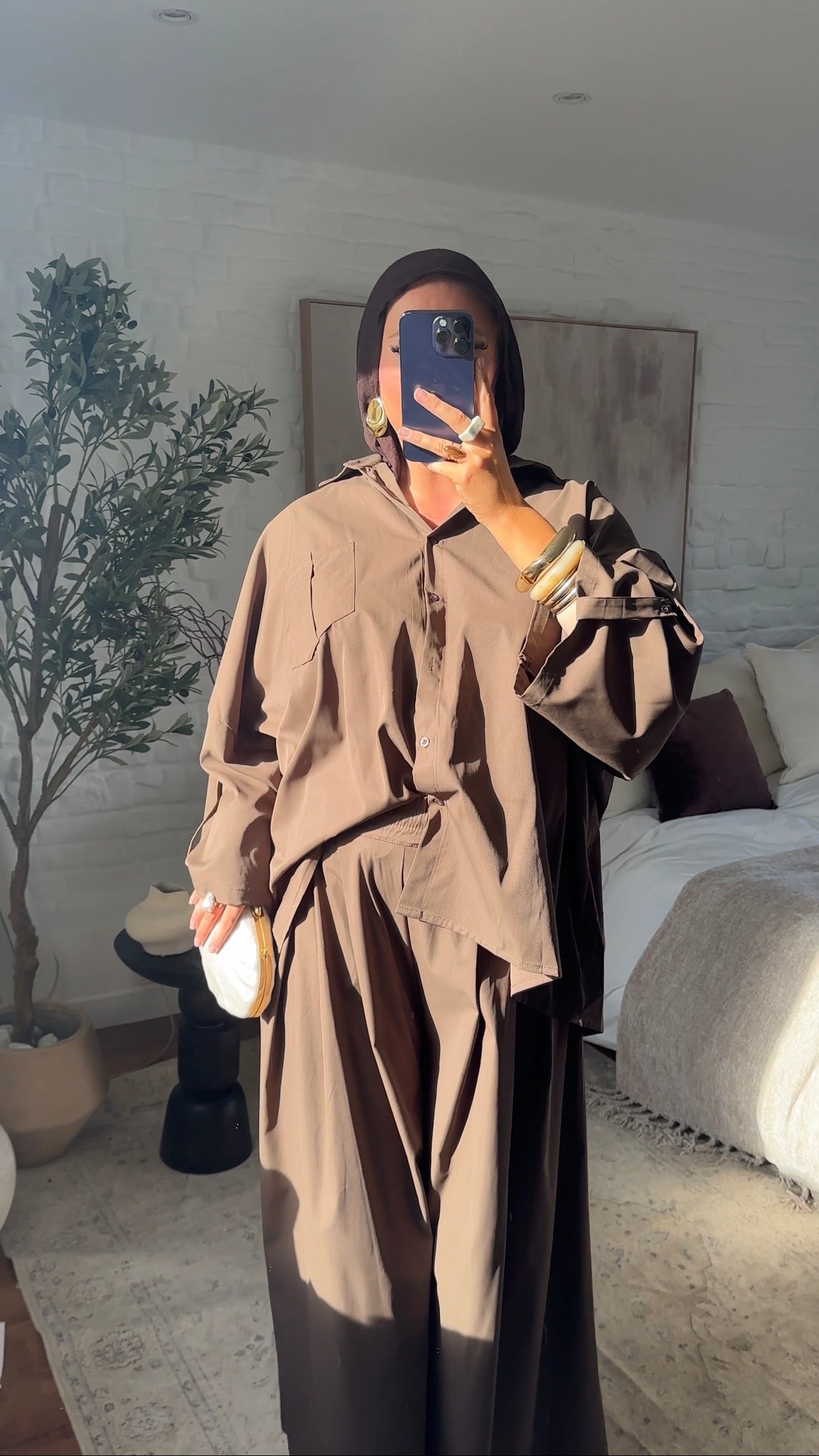 [GAMME LUXE] Chemise longue et large luxe en coton et satin | Marron