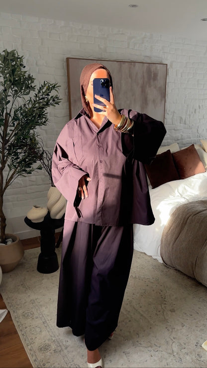 [GAMME LUXE] Chemise longue et large luxe en coton et satin | Bordeaux