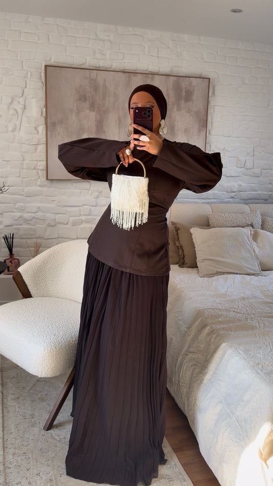 [GAMME PREMIUM] Ensemble deux pièces haut à nouer et jupe ultra longue ORIA | Marron