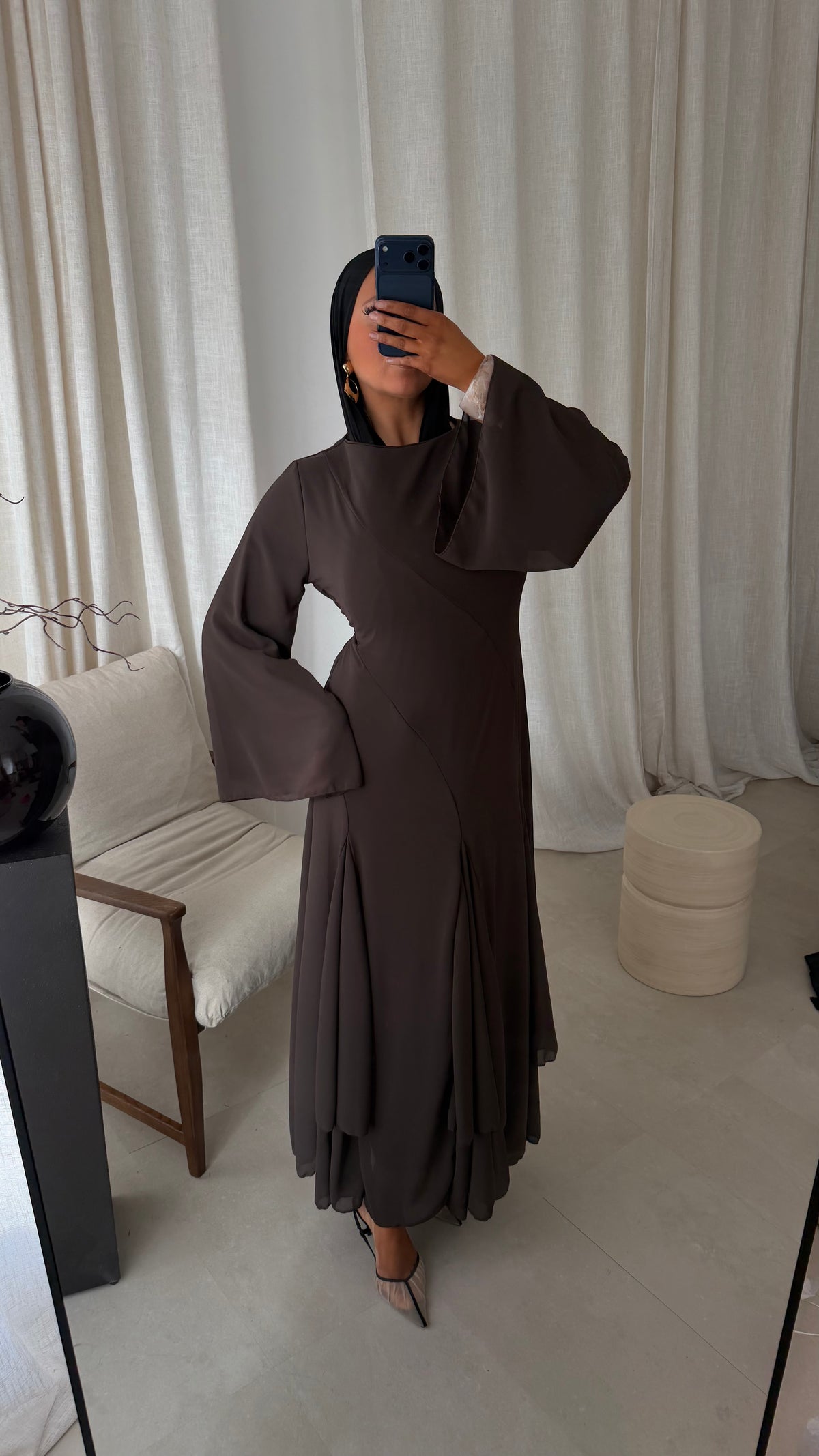 Robe longue à volants | Marron | Pré-commande
