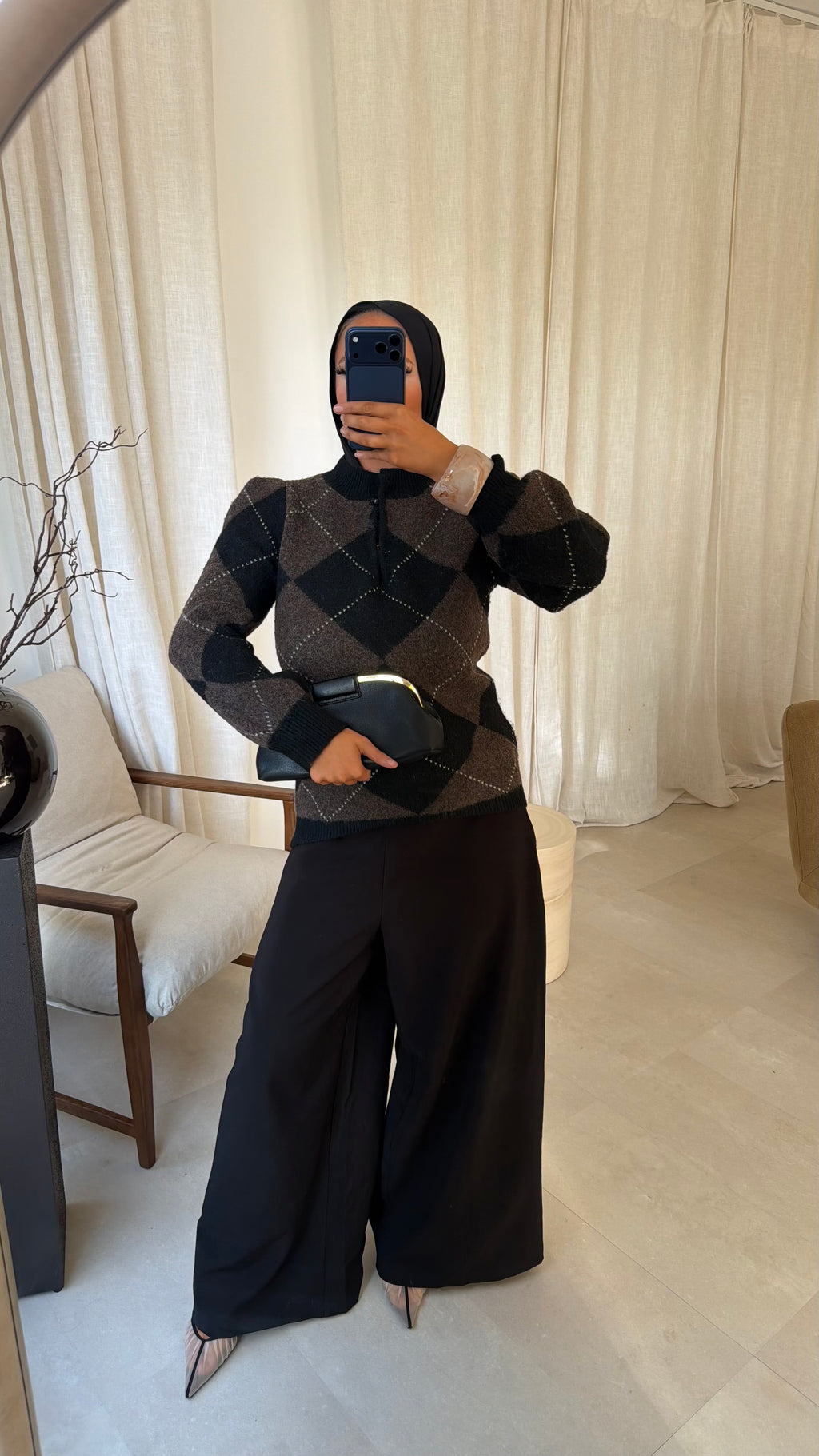 [GAMME PREMIUM] Pull ultra doux à carreaux ALYMPE | Marron et noir