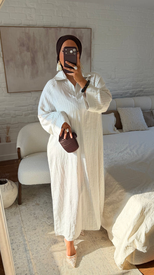 Robe longue et fluide en lin à rayures | Blanc