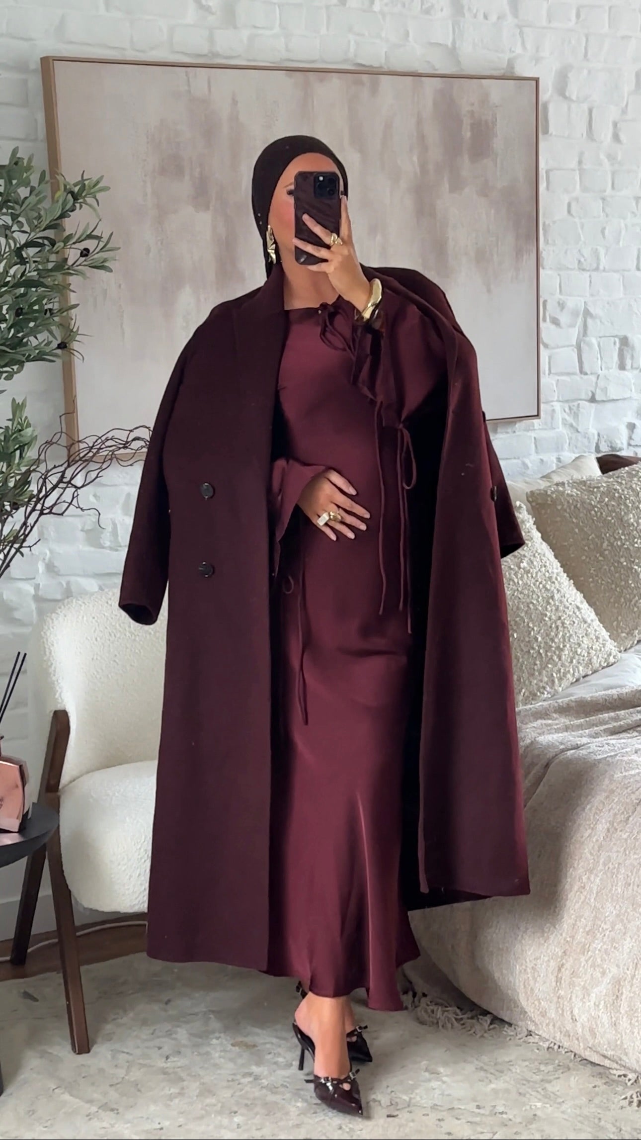 [GAMME LUXE] Manteau ultra long en laine véritable fait main | Bordeaux