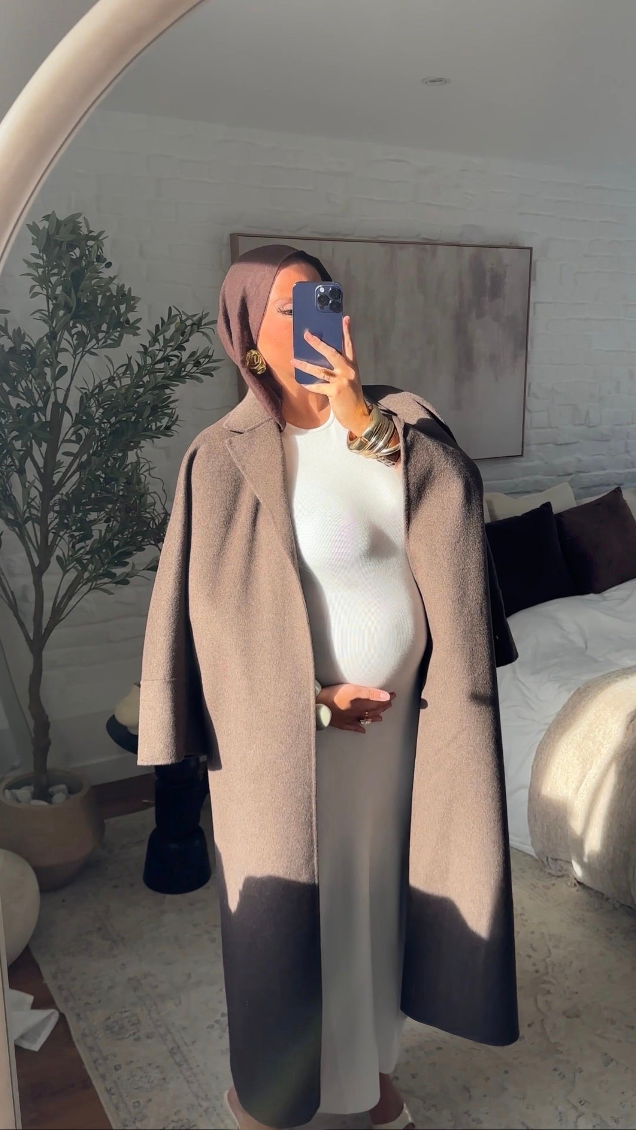 [GAMME LUXE] Manteau long en laine véritable fait main à ceinture | Marron