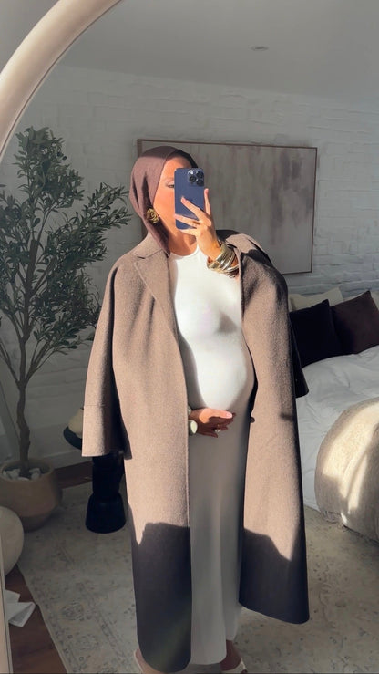 [GAMME LUXE] Manteau long en laine véritable fait main à ceinture | Marron
