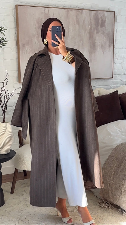 [GAMME PREMIUM] Manteau long en laine véritable fait main à ceinture avec rayures | Marron