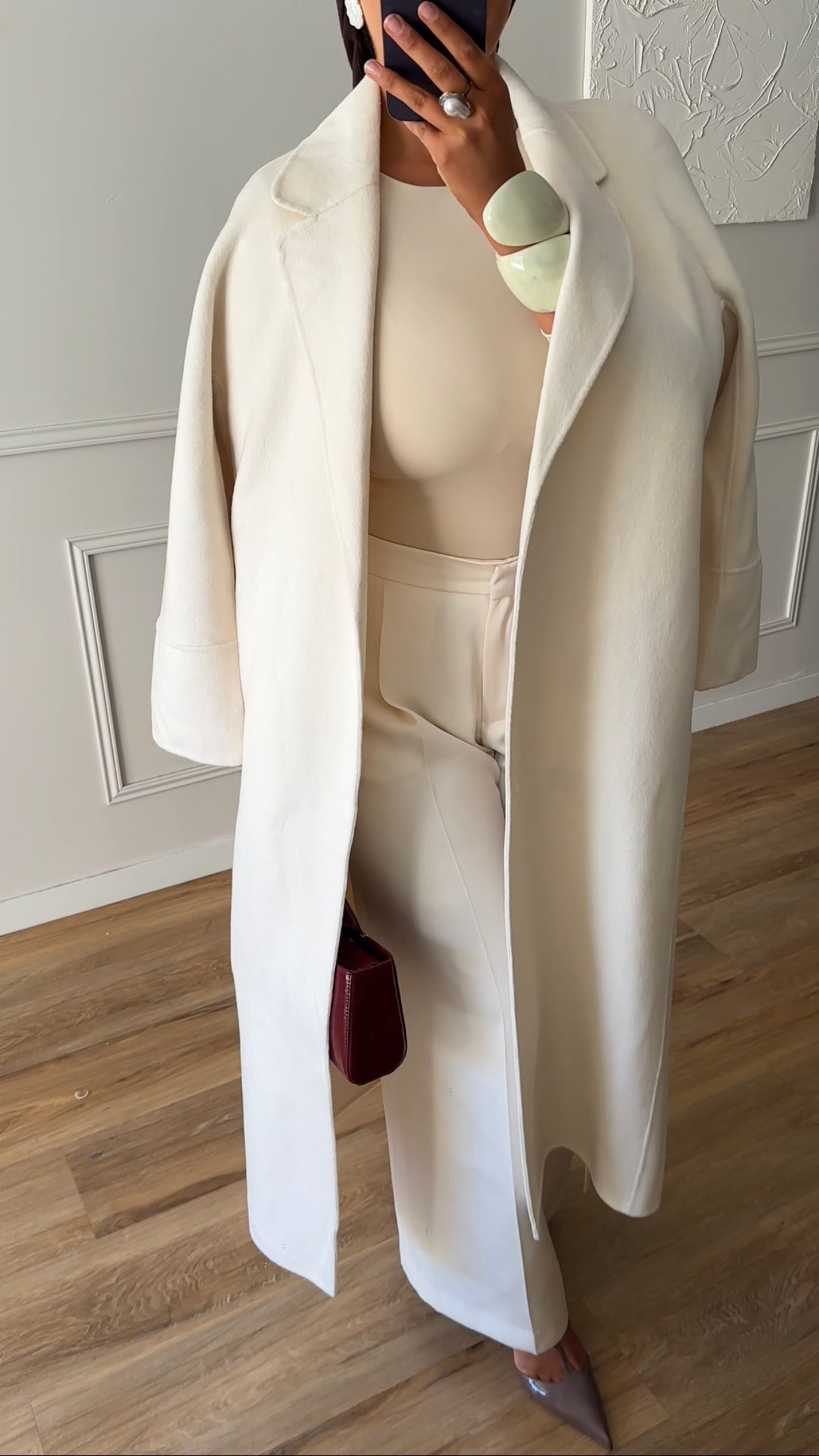 [GAMME PREMIUM] Manteau long en laine véritable fait main à ceinture | Écru