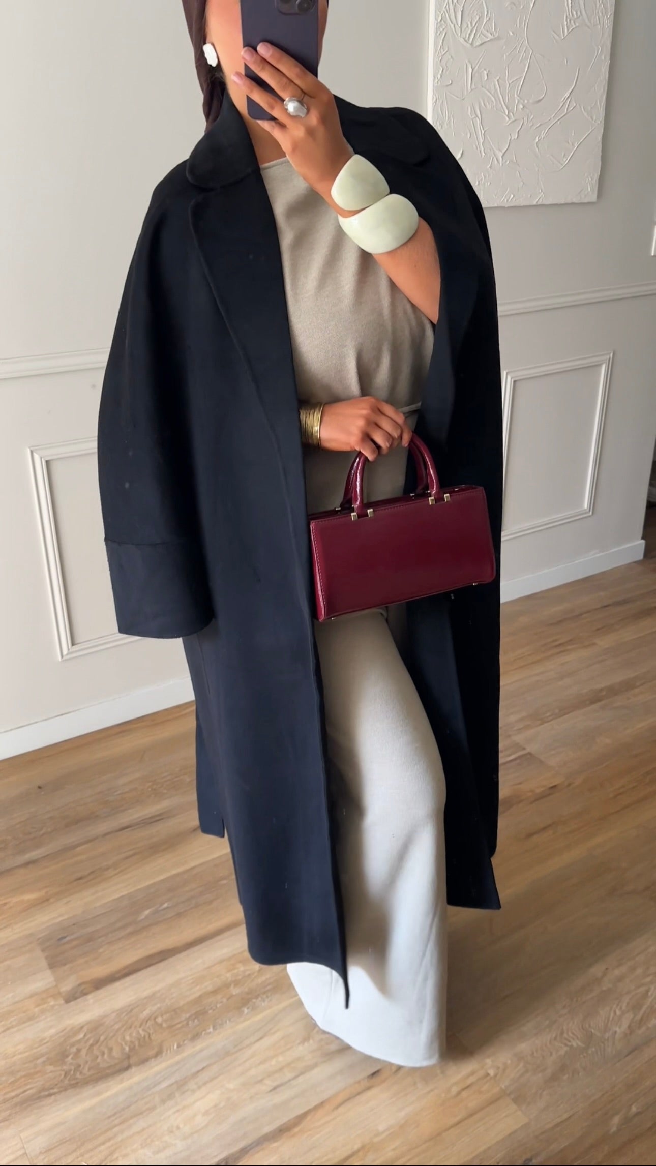 [GAMME PREMIUM] Manteau long en laine véritable fait main à ceinture | Noir
