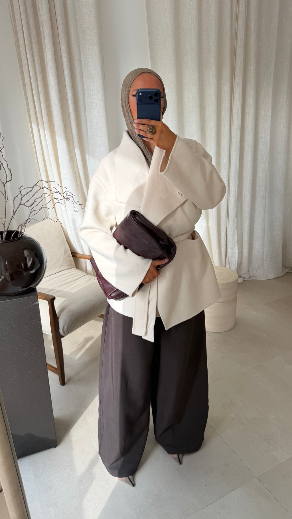 [GAMME LUXE] Manteau mi long en laine véritable à ceinture fait main | Écru