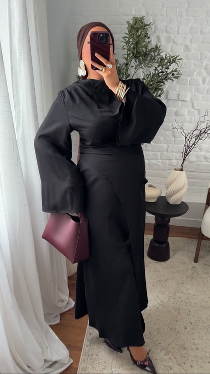 Robe longue satinée à nouer | Noir