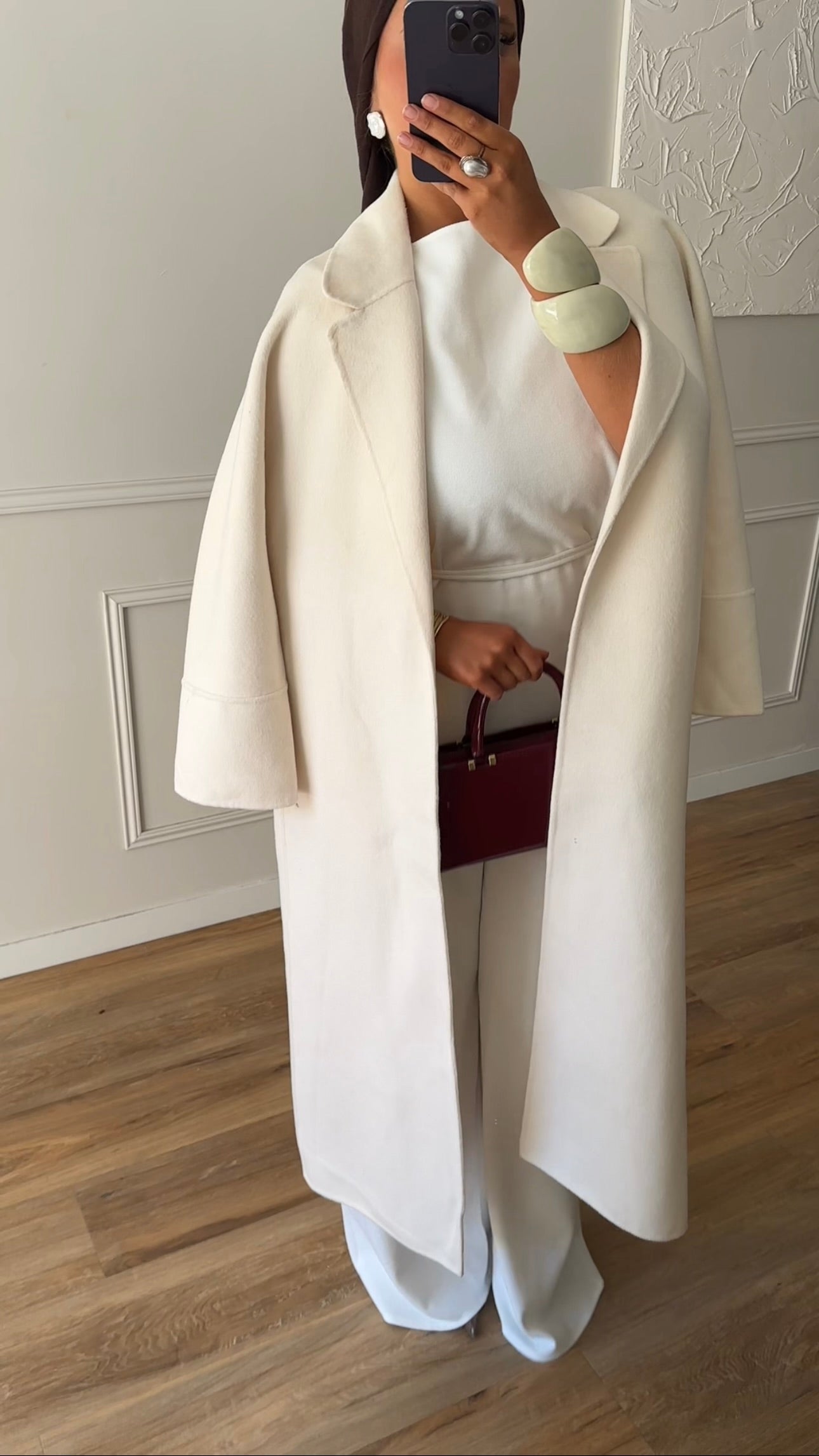 [GAMME PREMIUM] Manteau long en laine véritable fait main à ceinture | Écru