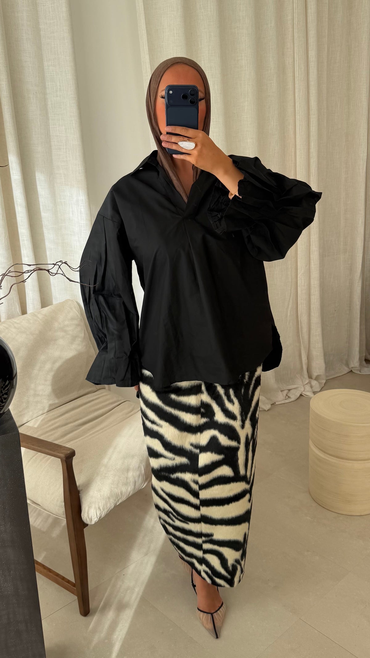 Chemise 100% coton à manches évasées | Noir