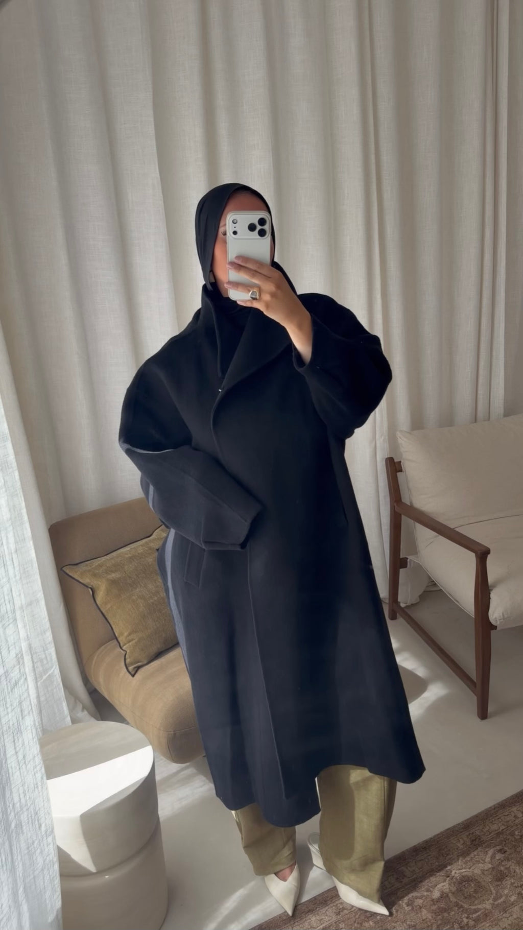 [GAMME LUXE] Manteau long cousu main en laine véritable | Noir