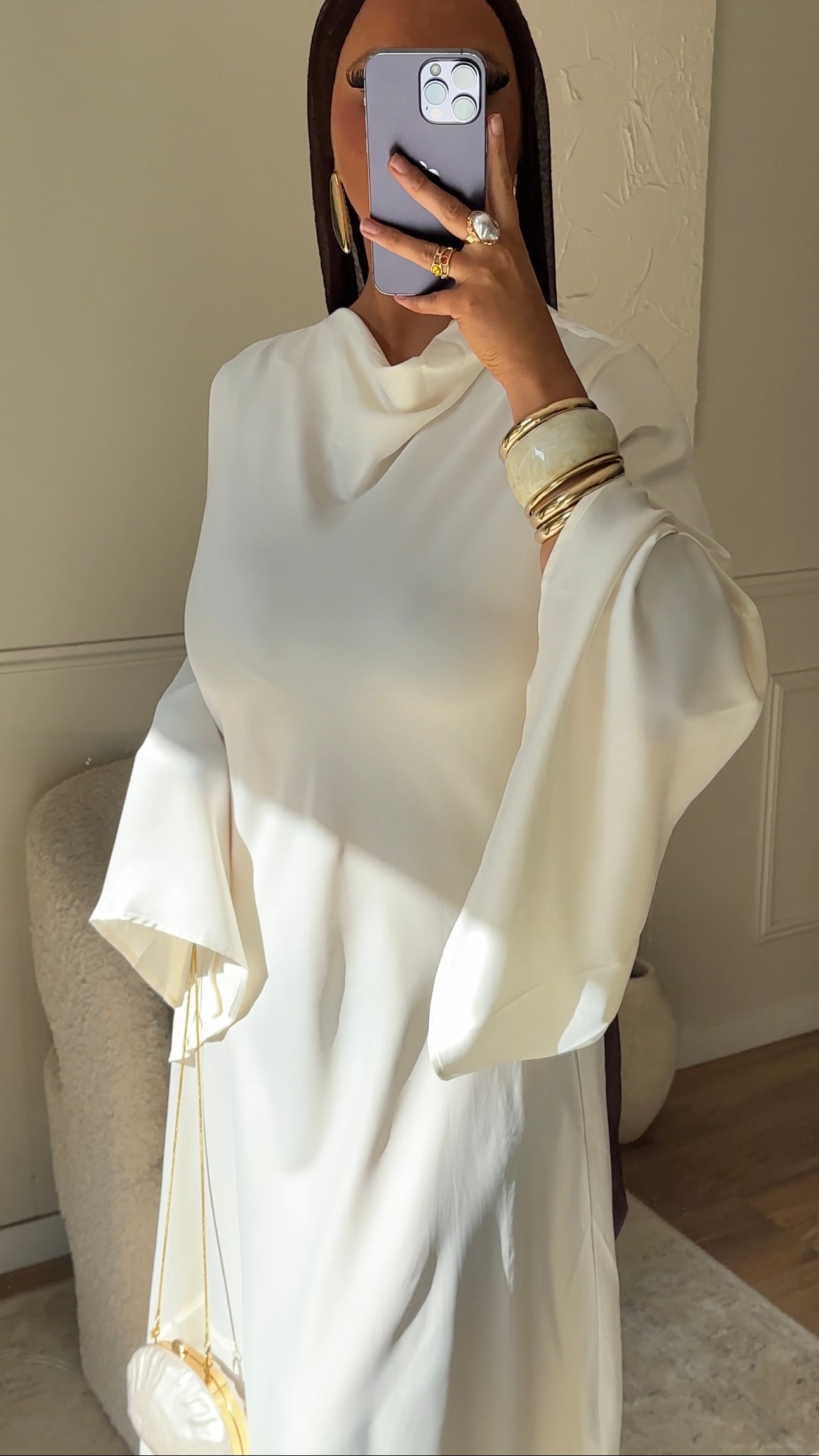 [CRÉATION] Robe longue satinée à manches évasées JENNAH | Crème