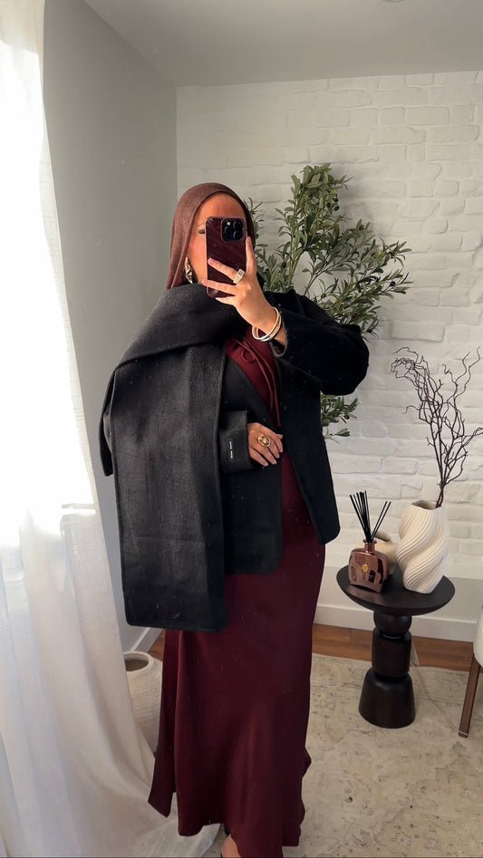 [GAMME LUXE] Manteau mi long en cachemire véritable à cape intégrée | Noir