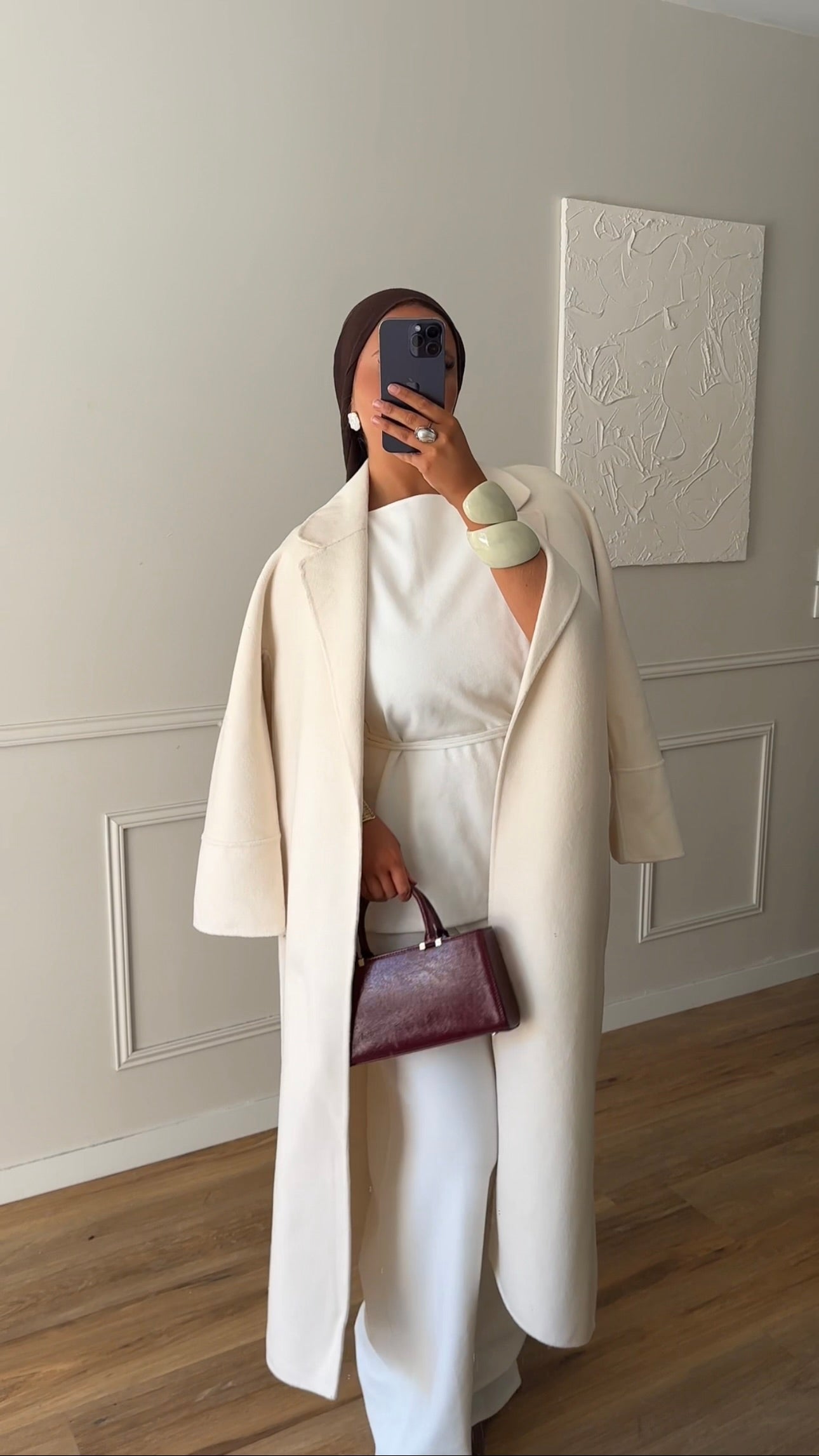 [GAMME PREMIUM] Manteau long en laine véritable fait main à ceinture | Écru