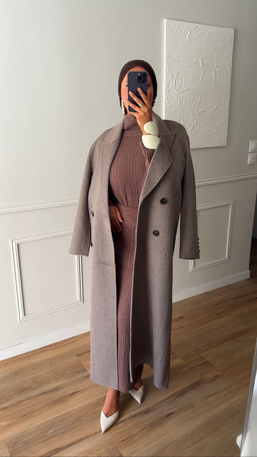 [GAMME PREMIUM] Manteau ultra long en laine véritable fait main | Taupe
