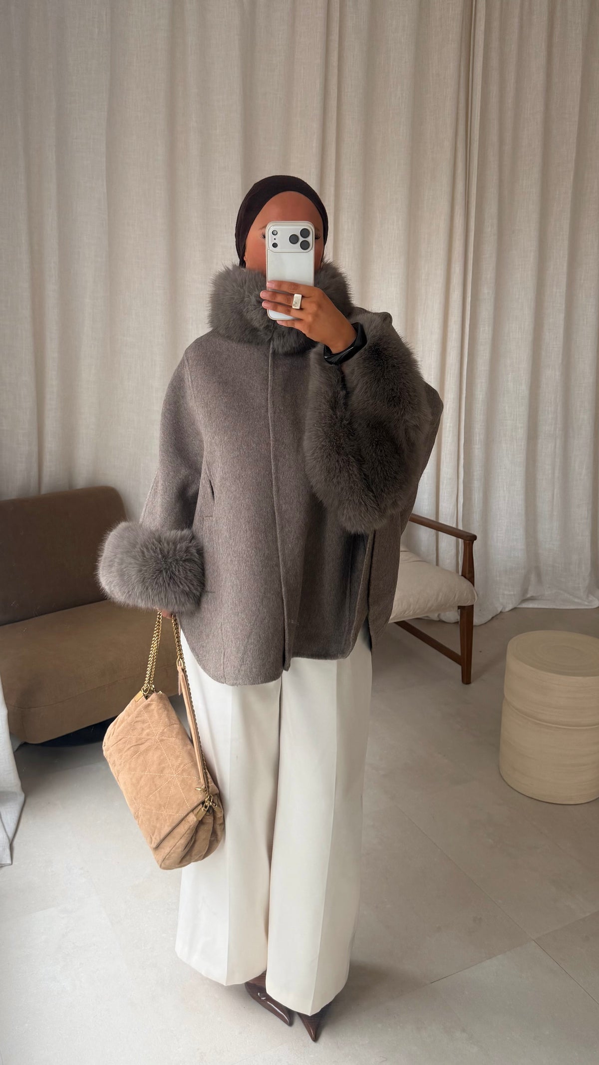 [GAMME LUXE] Manteau en laine à fourrure amovible cousu main | Taupe