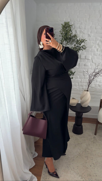 Robe longue satinée à nouer | Noir