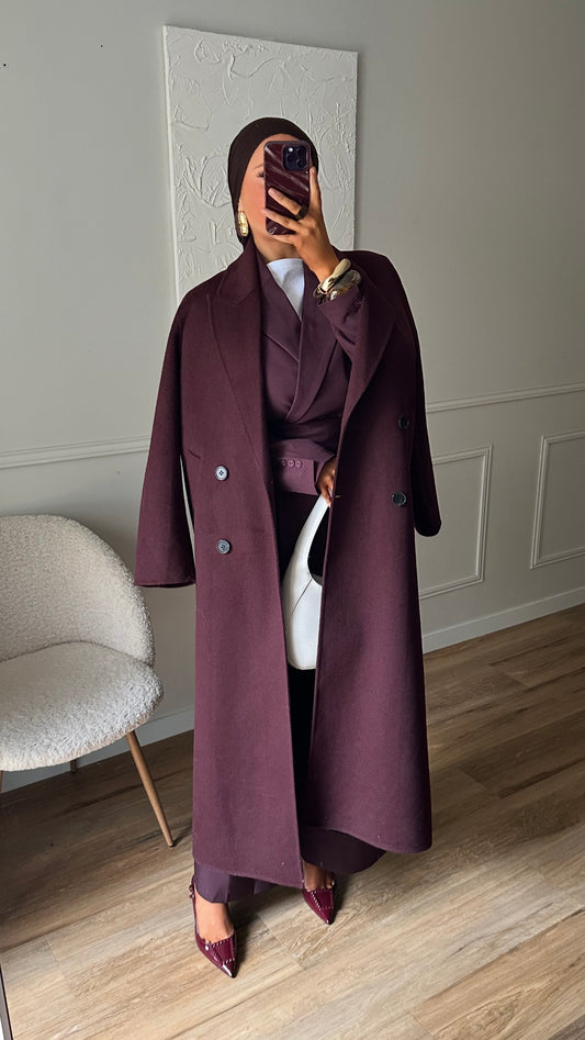 [GAMME LUXE] Manteau ultra long en laine véritable fait main | Bordeaux