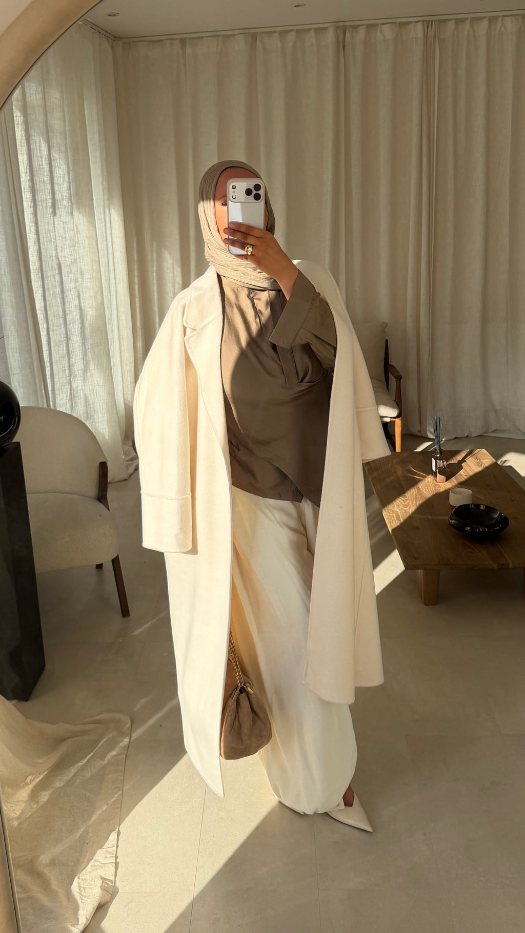 [GAMME PREMIUM] Manteau long en laine véritable fait main à ceinture | Écru