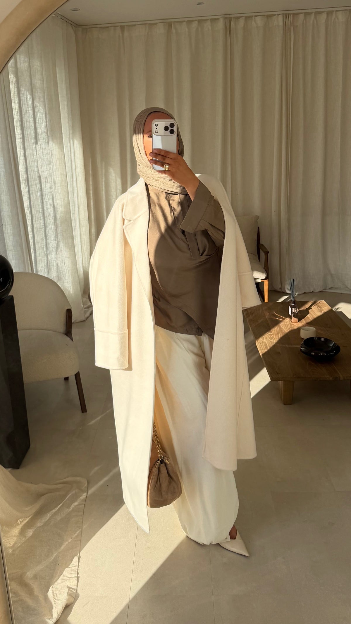 [GAMME PREMIUM] Manteau long en laine véritable fait main à ceinture | Écru