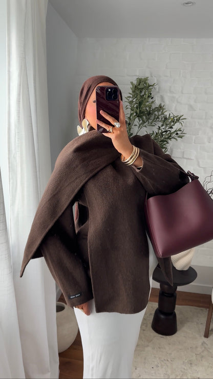 [GAMME LUXE] Manteau mi long en cachemire véritable à cape intégrée | Marron