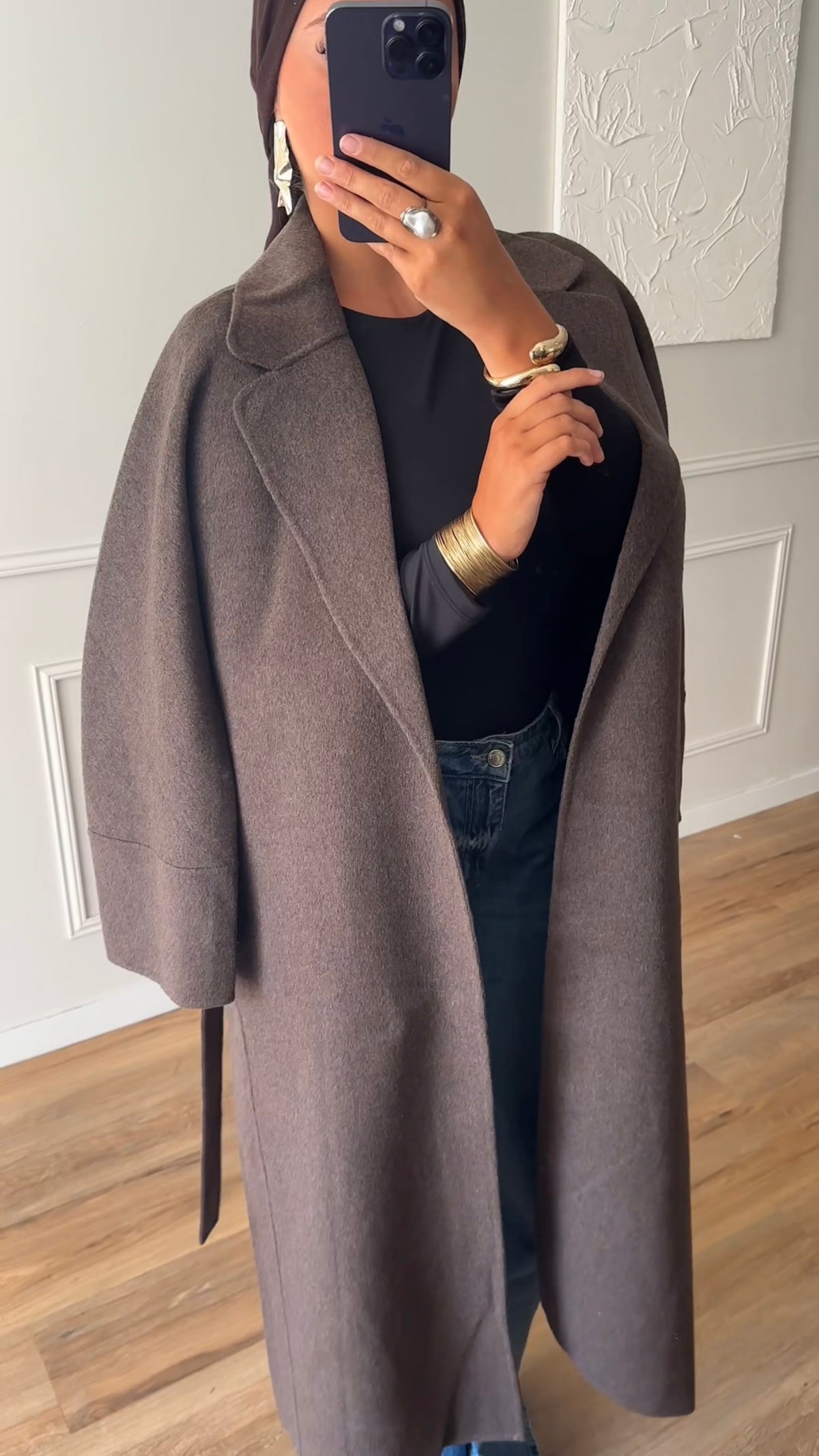 [GAMME LUXE] Manteau long en laine véritable fait main à ceinture | Marron