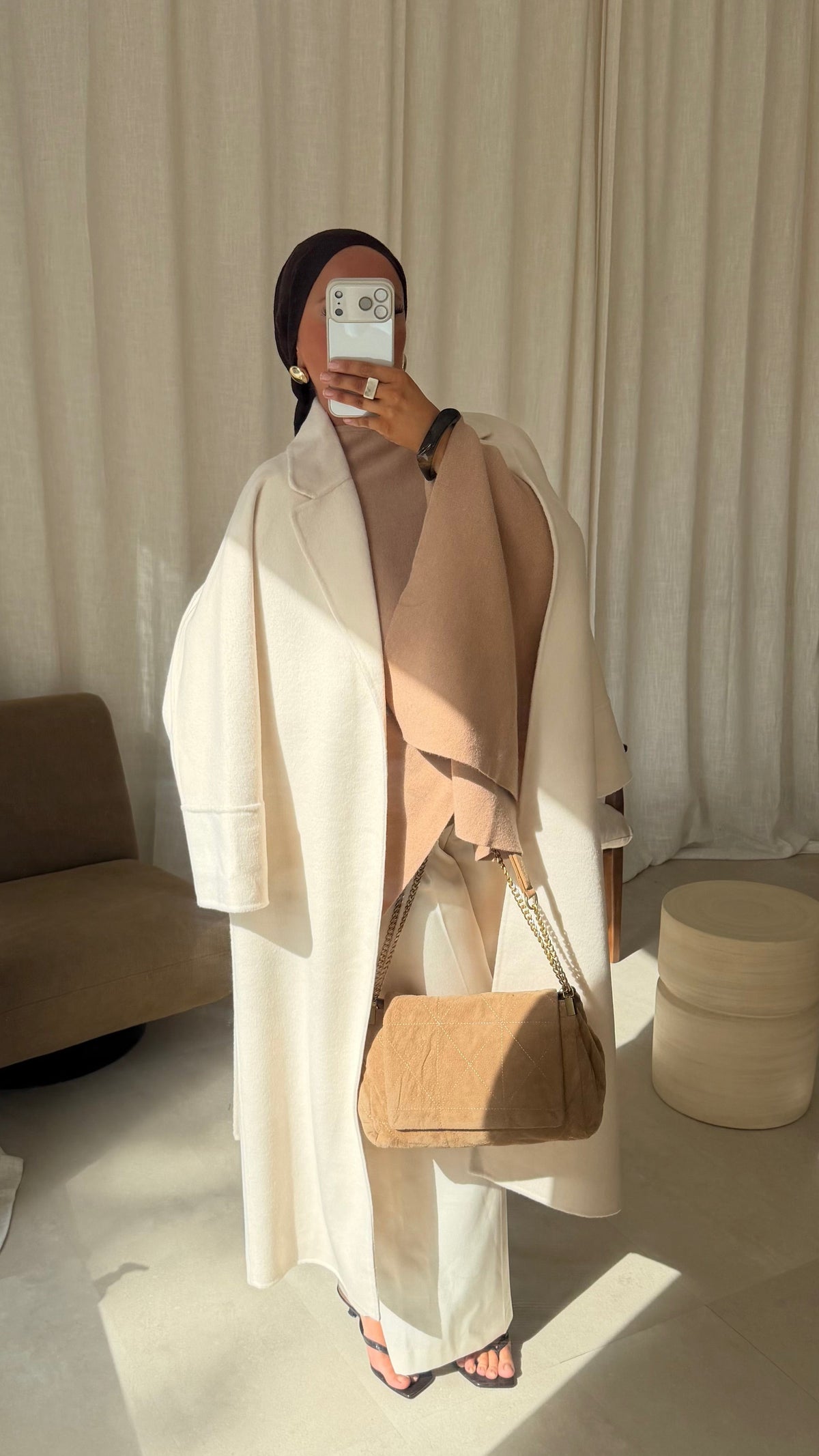 [GAMME PREMIUM] Manteau long en laine véritable fait main à ceinture | Écru