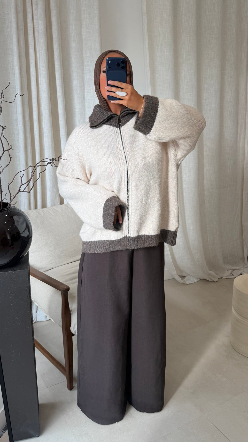 Pull ultra doux à zip bicolore MATHILDE | Marron et crème