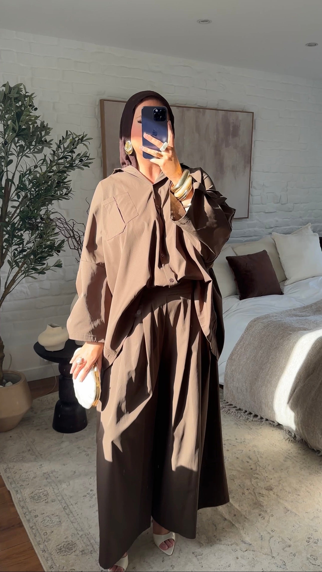 [GAMME LUXE] Chemise longue et large luxe en coton et satin | Marron