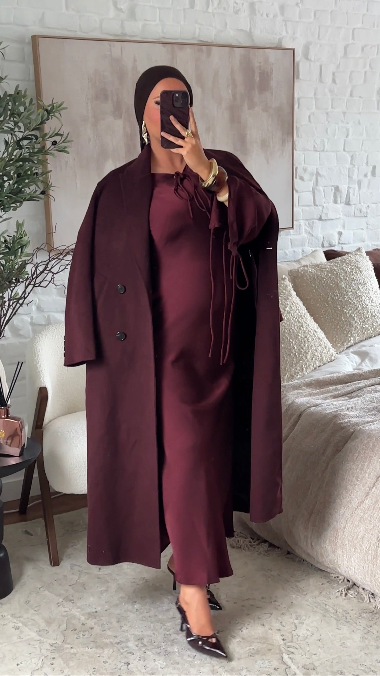 [GAMME LUXE] Manteau ultra long en laine véritable fait main | Bordeaux