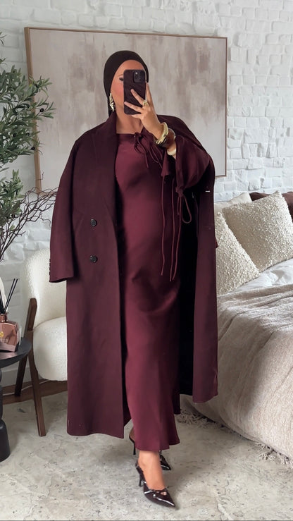 [GAMME LUXE] Manteau ultra long en laine véritable fait main | Bordeaux