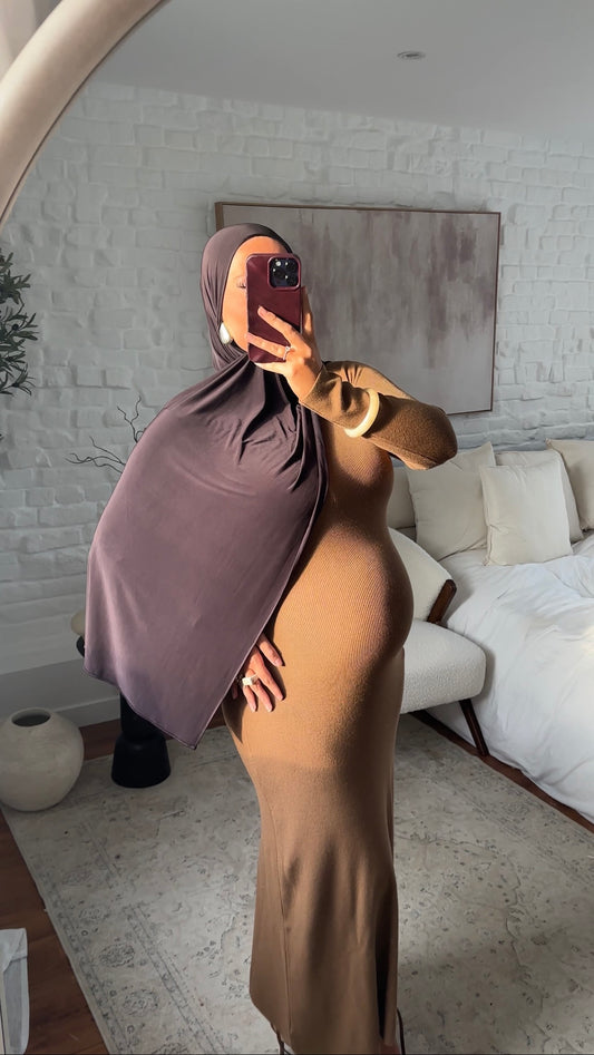 Robe pull ultra longue côtelée en maille épaisse | Camel