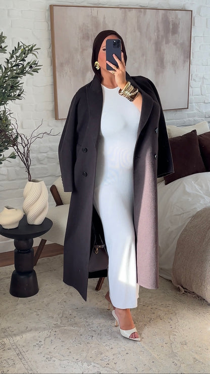 [GAMME PREMIUM] Manteau ultra long en laine véritable | Marron dark chocolat