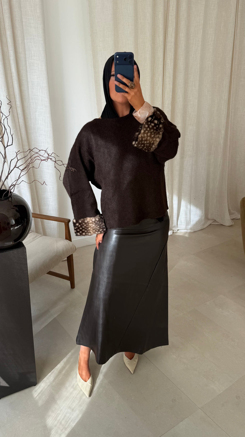 Jupe longue effet cuir | Marron | Pré-commande
