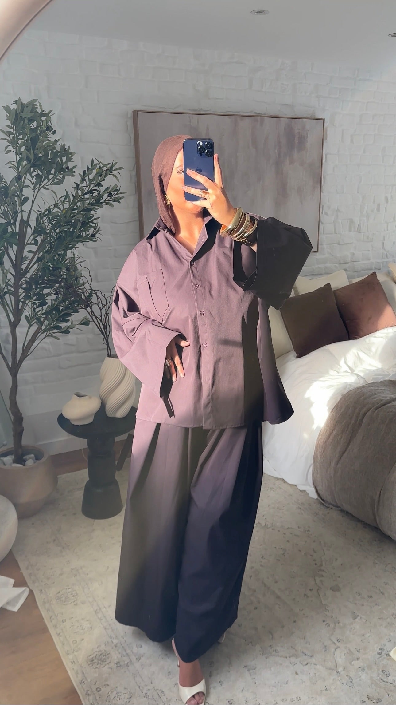 [GAMME LUXE] Chemise longue et large luxe en coton et satin | Bordeaux
