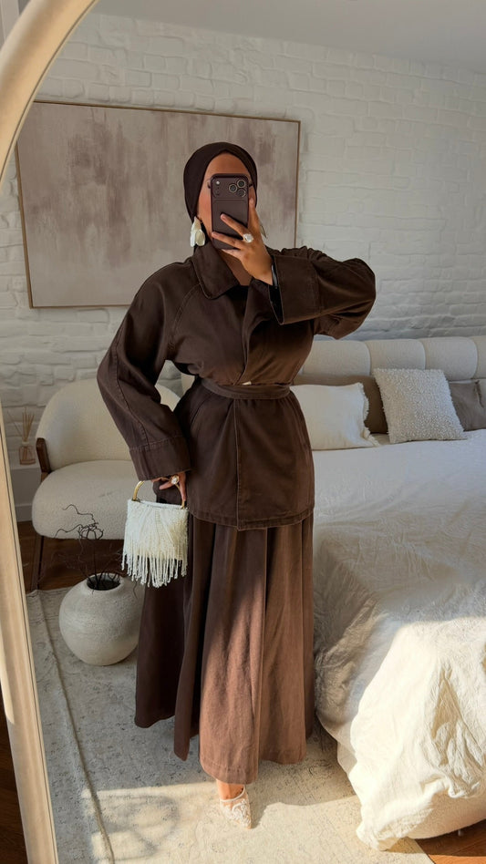 Ensemble en jean deux pièces à jupe longue et ceinture SYRA | Marron