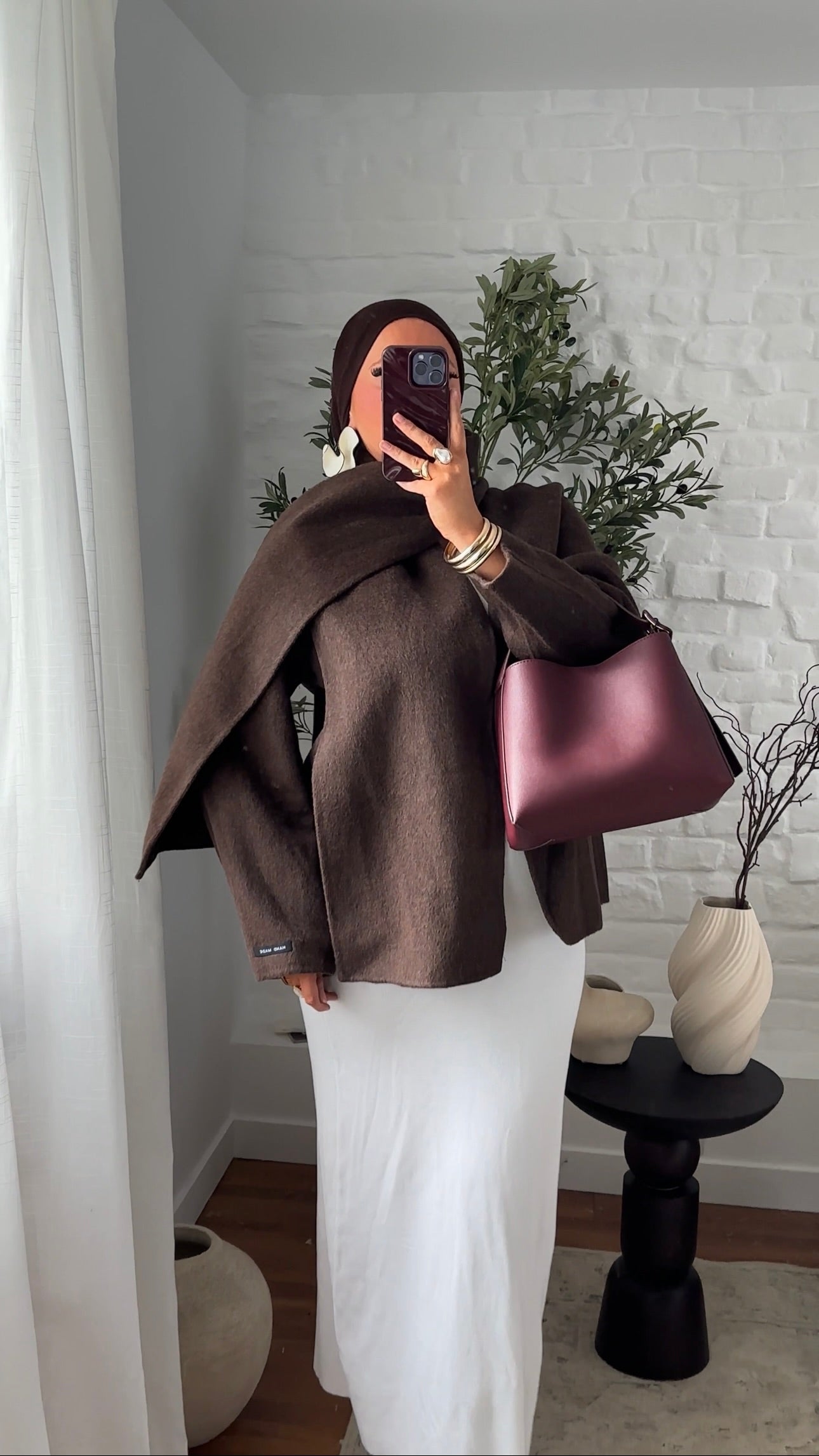 [GAMME LUXE] Manteau mi long en cachemire véritable à cape intégrée | Marron