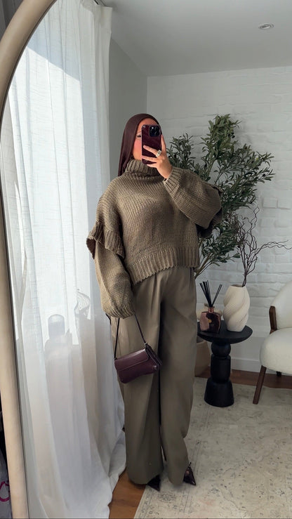 Pull chaud mi long à col montant | Kaki