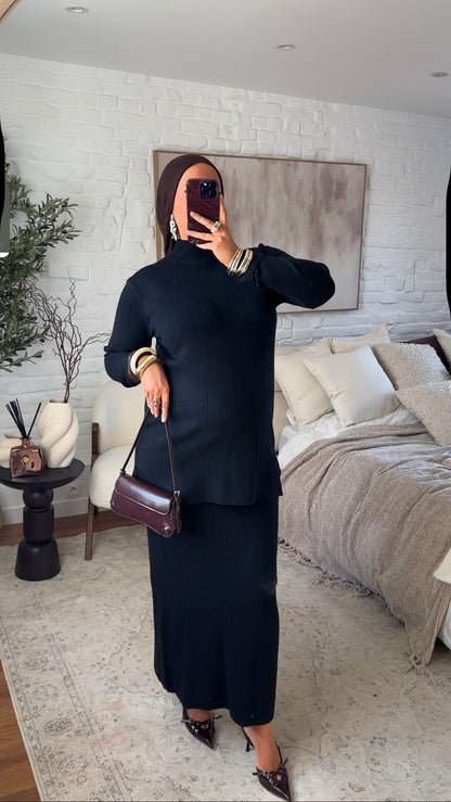 Ensemble comfy en maille à jupe longue et col montant | Noir