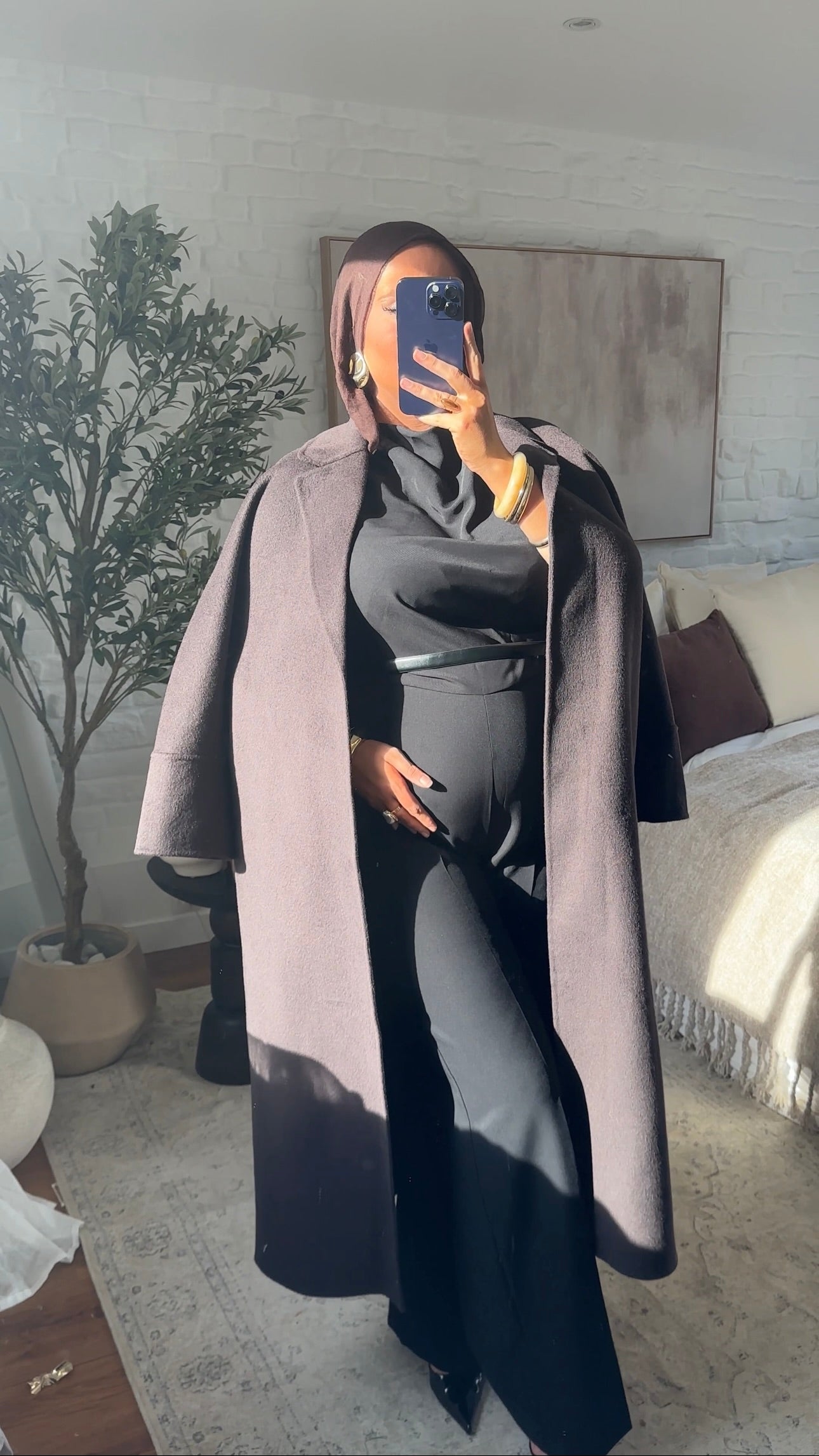 [GAMME PREMIUM] Manteau long en laine véritable fait main à ceinture | Marron dark chocolat