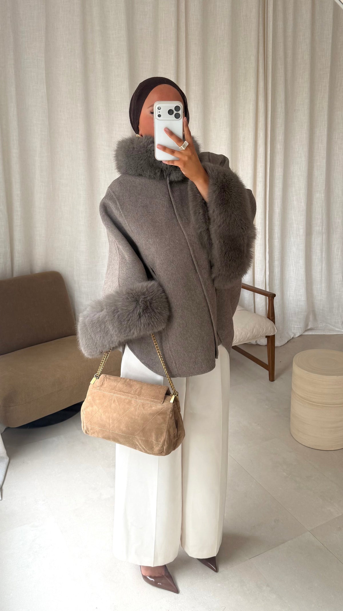 [GAMME LUXE] Manteau en laine à fourrure amovible cousu main | Taupe