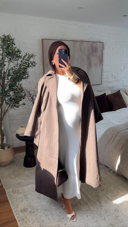 [GAMME PREMIUM] Manteau long en laine véritable fait main à ceinture avec rayures | Marron
