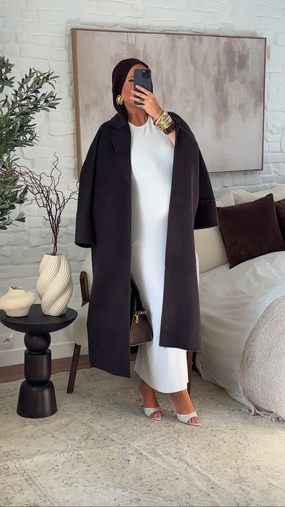 [GAMME PREMIUM] Manteau long en laine véritable fait main à ceinture | Marron dark chocolat