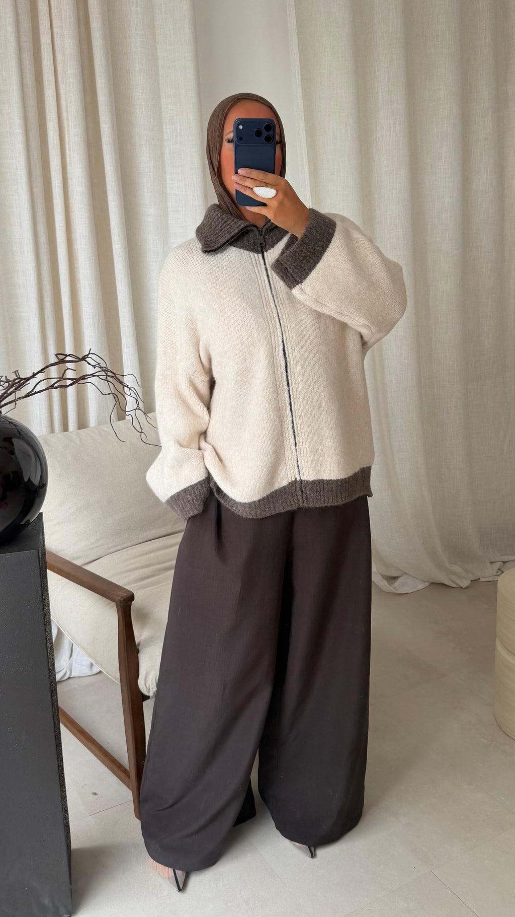 Pull ultra doux à zip bicolore MATHILDE | Marron et crème